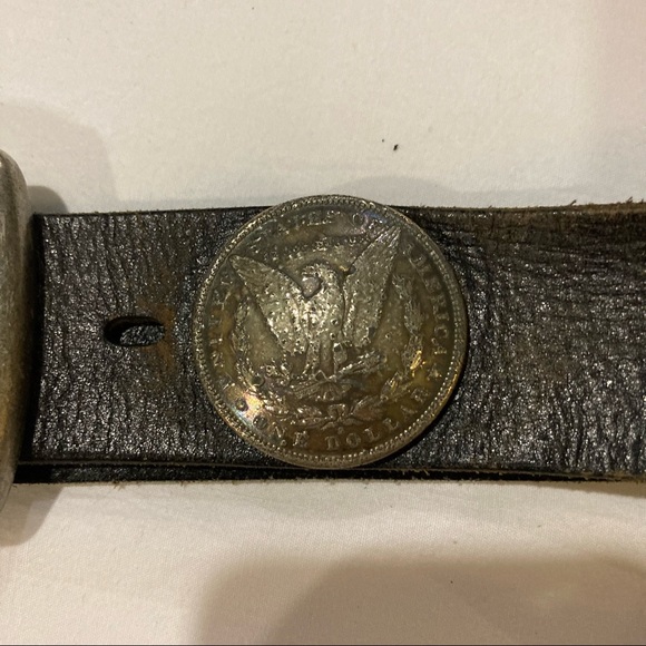 Vintage Fossil Black Belt, with United
States silver dollar, Unisex - Picture 1 of 7